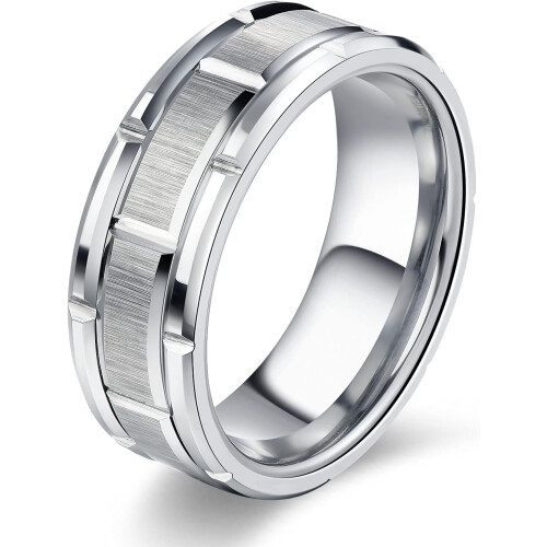 Men's 8mm Silver Wedding Band Brick Pattern Brushed Comfort