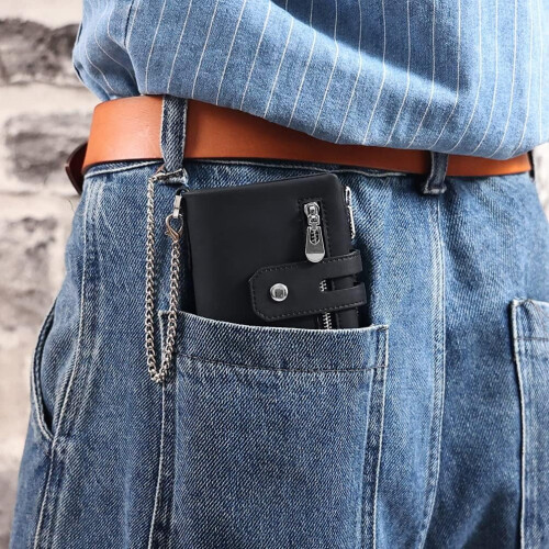 Men's Genuine Leather Chain Wallet with RFID Blocking and 1