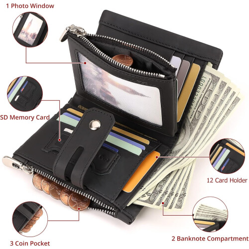Men's Genuine Leather Chain Wallet with RFID Blocking and 2