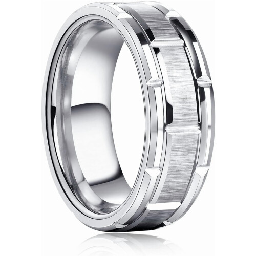 Men's 8mm Silver Wedding Band Brick Pattern Brushed Comfort 1