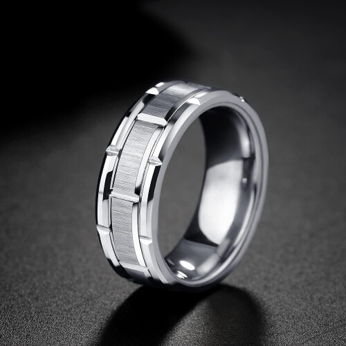 Men's 8mm Silver Wedding Band Brick Pattern Brushed Comfort 2