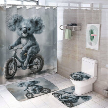 4-Piece Shower Curtain Set with Non-Slip Rug, Toilet Lid Cover & Bath Mat – Koala on Bicycle Design, Waterproof, Compatible with Standard Showers