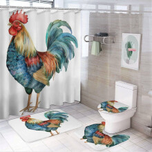 4-Pc Farm Shower Curtain Set w/ Watercolor Hen & Rooster Print, Bath Mat, Toilet Lid Cover, Oval Rug – Compatible with Standard Baths