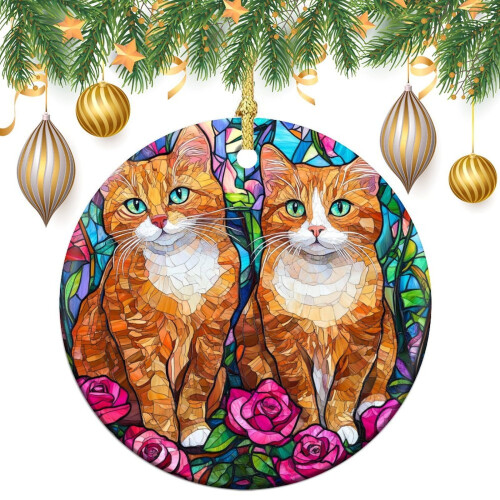 Orange Cat Ceramic Christmas Ornament – Round Keepsake Decor, Compatible with All Tree Types
