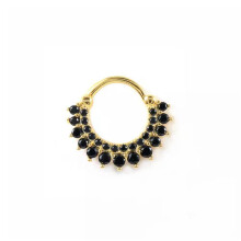 Single Daith Hoop Sterling Silver Helix Ring Cartilage Piercing Earring A4492-E - Gold with Black Stone