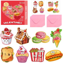 Valentine Day Cards for Kids 96 Pack with 32 Snack Cards, 32 Pink Gift Envelopes and 32 Stickers for School Classroom Party Exchange Gifts