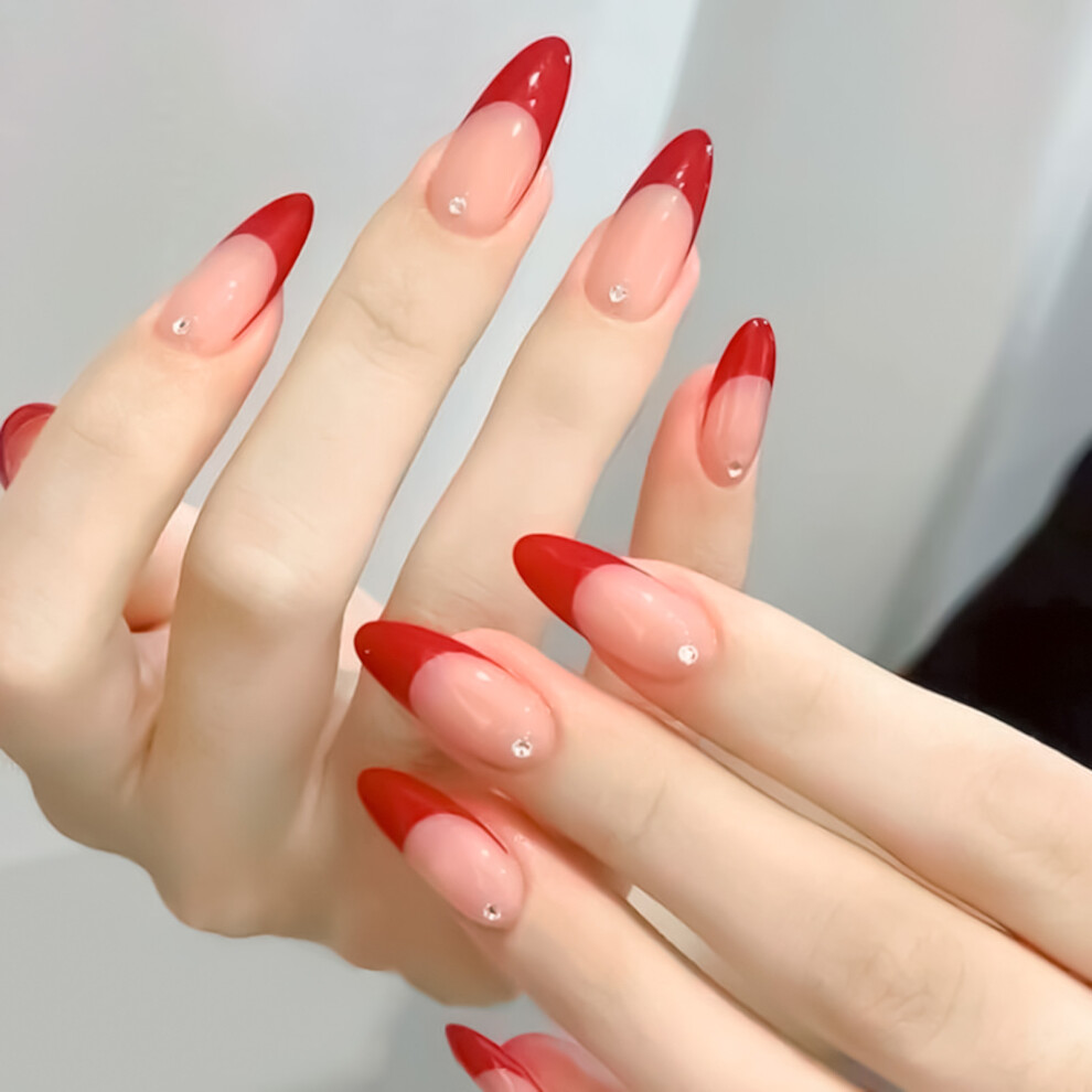Hue-Grain French Red Tip Almond Fake Nails - Unbreakable