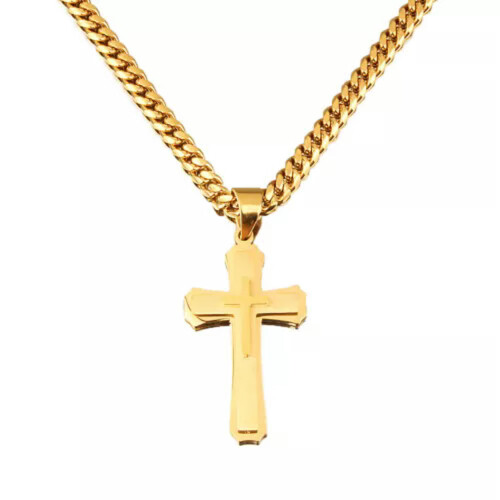 Colar com pingente de cruz da crucificação em aço inoxidável, corrente Miami, dourado, 91 cm (36 polegadas) 1