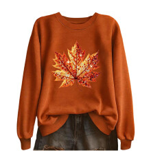 Sweat-shirt à col rond pour femme, motif feuilles d'automne, manches longues, épaules tombantes, idéal pour les vacances.