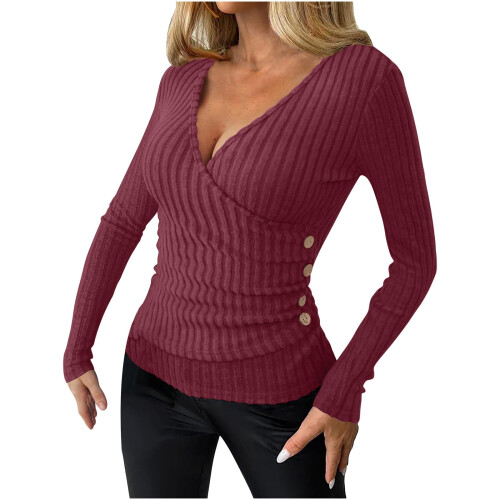 Women's Deep V-Neck Wrap Sweater Long Sleeve Slim Fit