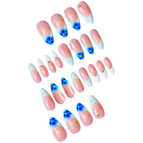 Glossy Pink False Nails with Blue Tips, Zero Pressure 1