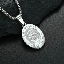 Men Pendant Necklace Vintage Stainless Steel Archangel St Saint Michael Chain-Silver