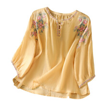 3/4-Ärmel Baumwoll-Leinen-Bluse für Damen, Sommer 2025, Retro-Stickerei, Boho-Tops, elegant-lässig