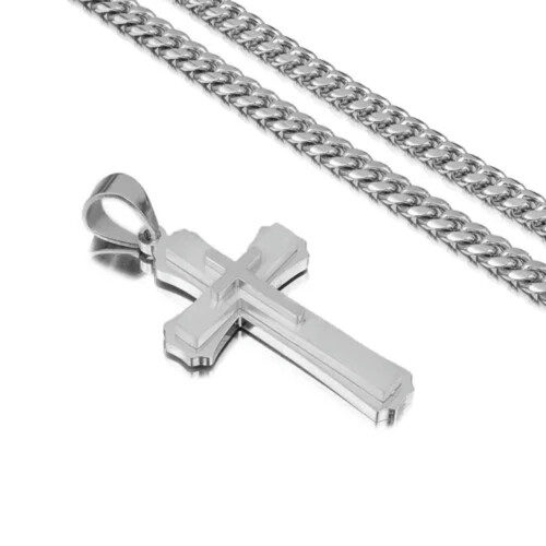 Colar com pingente de cruz da crucificação em aço inoxidável, corrente Miami, cor prata, 55 cm (22 polegadas) para homens e mulheres. 1