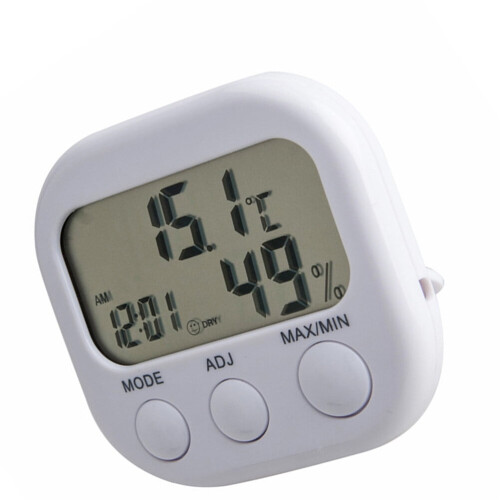Higrômetro digital retangular (1 unidade) para ambientes internos com visor de temperatura. 2
