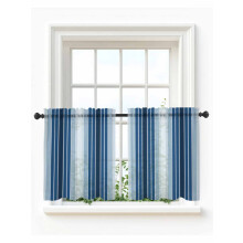 Navy Blue Ombre Stripe Sheer Curtains, 27.5"x36", 2 Panels, Rod Pocket, for Bedroom, Living Room, Kitchen – Farmhouse Style