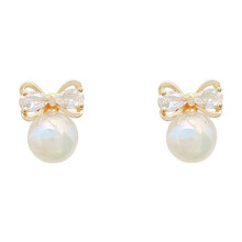 Silver Needle Colour Pearl Earrings Female Bow Zirconia Design Temperament Senior Earrings