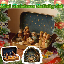 Handcrafted Mini Nativity Set in Tin Box – Holy Family Figurines & Resin Manger Scene, Portable Christmas Ornament for Home, Desk, Office, Gift –