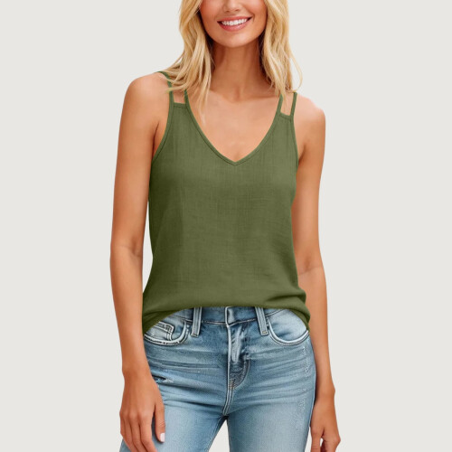 Top canotta da donna vintage in cotone e lino, verde chiaro 2