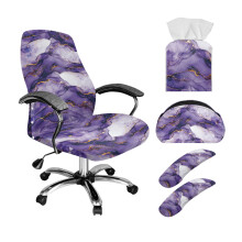 Violet Yellow Marble Print 5-Pc Office Chair Protector Set w/ Elastic Covers, PU Leather Remote Holder & Tissue Box Cover