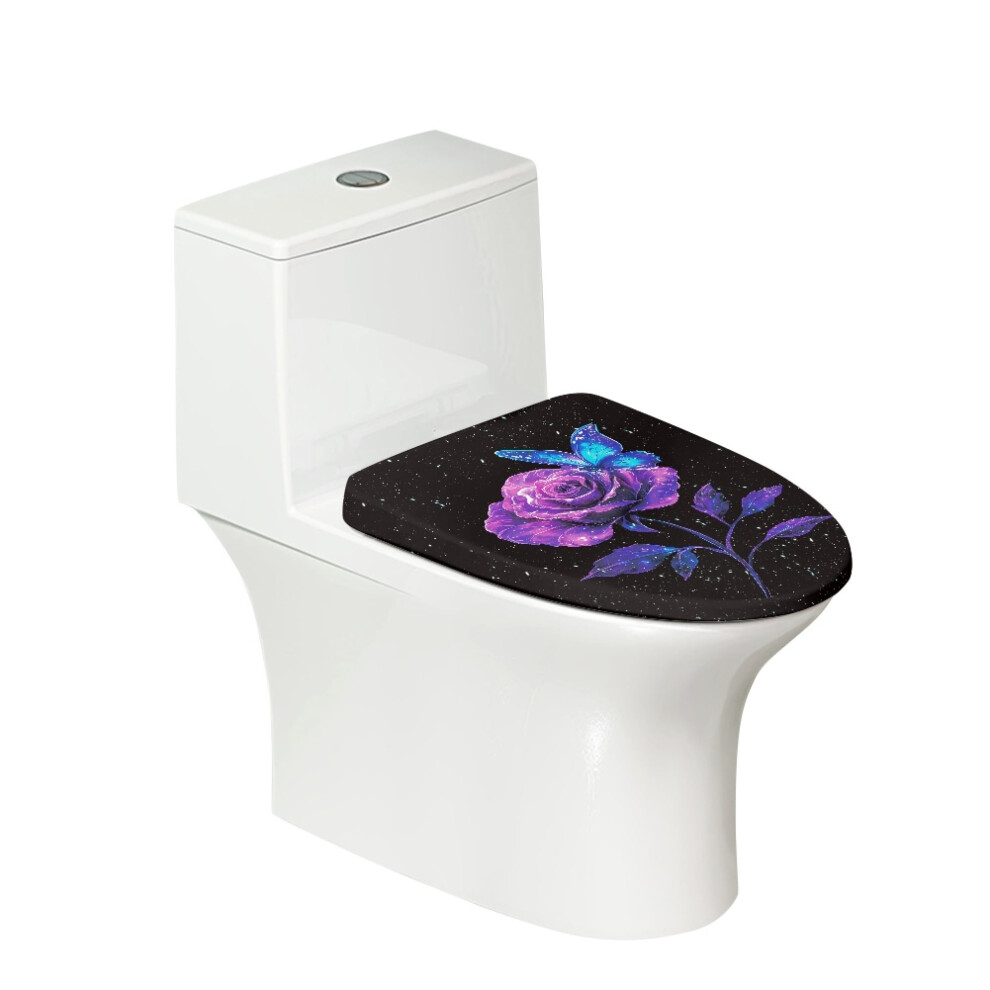 Rose Butterfly Print Universal Fit Toilet Lid Cover With Elastic Edges Washable Reusable Stretchable Fabric For Most Lids Bathroom Decor Accessories 9482726290544