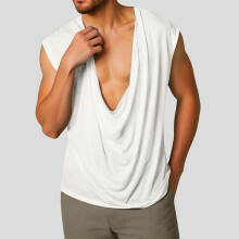Men's Sleeveless Solid Color Sports V-Neck Base Layer Cowl Neck Vest White Size L