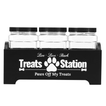 Wood Dog Treat Container with 3 Plastic Jars – Reusable, Decorative, Compatible with Dogs & Cats