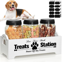 Farmhouse Wood Dog Food & Treat Storage Containers with 3 Plastic Jars – Compatible with Standard Pet Food Cans