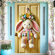 Funda para puerta de Pascua en tonos pastel de 71x35 pulgadas con un lindo conejo y una corona de huevos – Decoración de primavera para la puerta