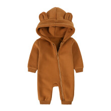 Newborn Baby Jumpsuit Bear Ear Hooded Thin Fleece Rompers Infant Boys Girls Long Sleeve Onesie with Zipper Coffee 3-6 Months