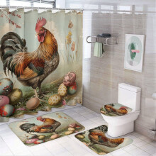 Vintage Easter Chicken & Eggs 4-Pc Bathroom Rug Set with Shower Curtain, Toilet Cover & U-Shaped Mat – Waterproof, Durable, Spring Decor