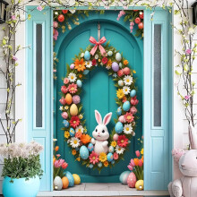 Funda para puerta de Pascua de 71x35 pulgadas – Guirnalda de conejos y huevos en tonos pastel, decoración primaveral para la puerta principal,