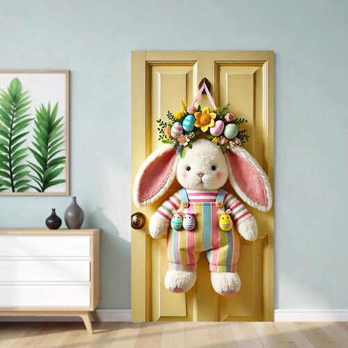 Capa de porta de Páscoa em tons pastel, 71x35 polegadas, com guirlanda de coelho e ovo - Decoração de primavera para porta de entrada, uso 1