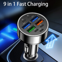 9in1 Fast Car Charger with 4USB Ports and PD Type C for Quick Charging Devices