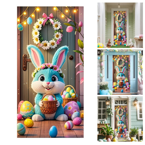 Κάλυμμα Πόρτας Happy Easter31x79in, Αδιάβροχο Υφασμάτινο Πανό με Αυγά & Κουνέλι – 1