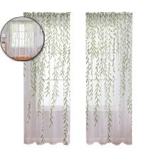 2 Pcs Willow Leaf Voile Curtains – Sheer White & Green Leaf Panels for Living Room, Bedroom, Balcony