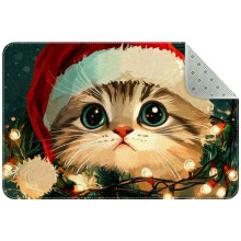 Cute Christmas Cat with Santa Hat Small Area Rug, Non-Slip Door Mat Indoor Floor Mat, Washable Kitchen Rug Entrance DMat for Bedroom Living Room