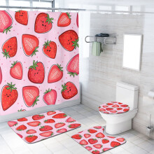Lovely Strawberry Bathroom Set: Shower Curtain, Rugs, Toilet Lid Cover & Bath Mat (72x72"), Pink Background, Cute Fruit Decor