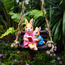 Funny Bunny Reading Book on Swing Statue – Farmhouse Whimsical Mother & Baby Rabbit Figurine, Resin Decor for Indoor/Outdoor, Rabbit Lover Gift Idea