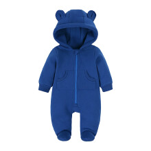 Newborn Baby Plain Jumpsuit Boys Girls Cute Bear Hoodie Zipper Long Sleeve Cotton Bodysuit Fall Winter Warm Romper Dark Blue 12-18 Months