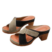 Γκρι Γυναικεία Casual Σανδάλια, Hollow-Out Slip-On, Χοντρό Τακούνι με Πλατφόρμα και Χοντρό