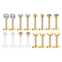12-16 Pcs/Lot Stainless Steel Lip Labret Piercings CZ Ear Tragus Conch Piercing-Gold-16pcs