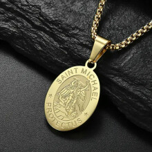 Men Pendant Necklace Vintage Stainless Steel Archangel St Saint Michael Chain-Gold