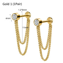 16G Stainless Steel Stud Earrings with Chain Crystal Cartilage Earrings Jewelry-Gold 1 (1 Pair)