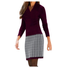 Damen-Strickkleid, figurbetont, V-Ausschnitt, Vintage-Patchwork-Karo, langärmelig, schmal geschnitten, kuscheliges Karostrickkleid, Midi-Kleid