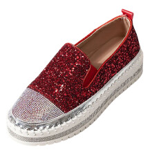 Red Slip-On Loafers for Women, Platform Flats with Rhinestones, Round Toe, Synthetic, EU36/UK3.5/US5.5, Compatible with Everyday Wear
