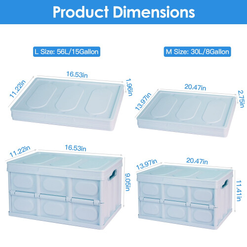 2Pcs 56L Teqhome Foldable Storage Bins Collapsible Storage Box Stackable Utility Storage Bin with PP Lid Waterproof Interior Bag Handle Light Blue 2