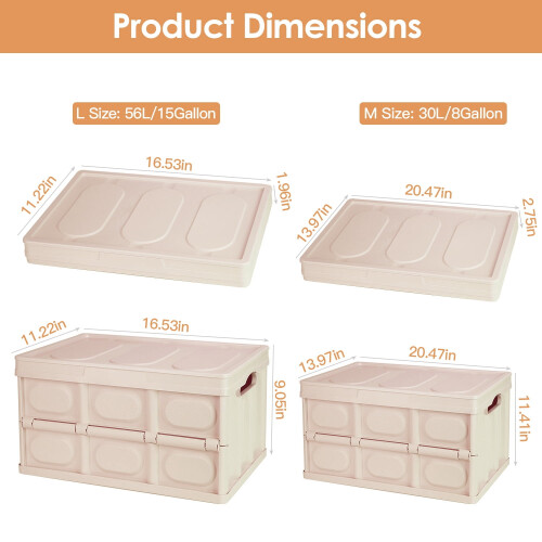 2Pcs 30L Teqhome Foldable Storage Bins Collapsible Storage Box Stackable Utility Storage Bin with PP Lid Waterproof Interior Bag Handle Light Khaki 2