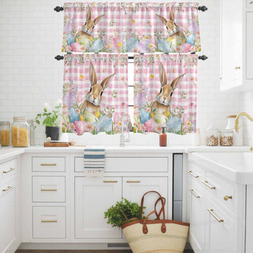 Easter Rabbit Kitchen Curtains Set Spring Floral Pink Plaid 2