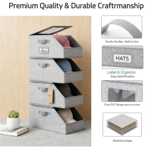 Stackable Baseball Cap Storage Box, Clear Lid, Dual Access, Space-Saving & Breathable – Holds 12–24 Hats (1PC) 2